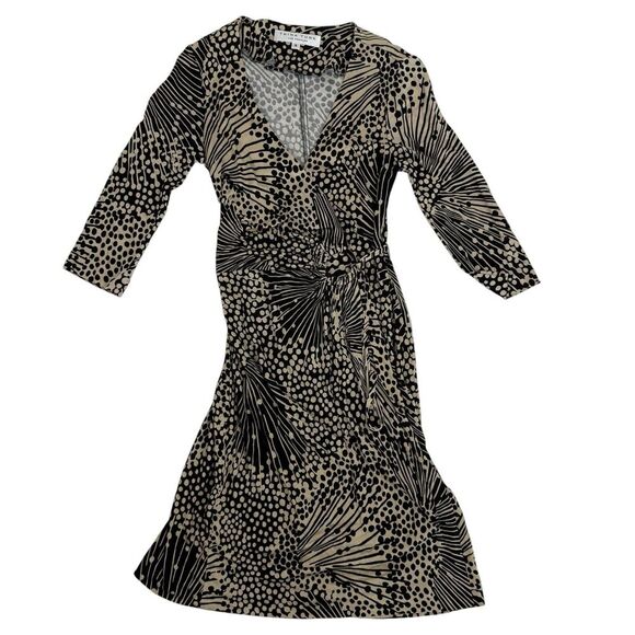 Trina Turk Dresses & Skirts - Trina Turk Los Angeles Black Tan Geometric Print Wrap Midi Dress 3/4 Sleeves 4